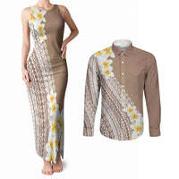 Tahiti Plumeria Tribal Pattern Couples Matching Tank Maxi Dress and Long Sleeve Button Shirt Wave Style Brown LT05 Brown - Polynesian Pride