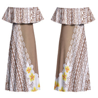 Tahiti Plumeria Tribal Pattern Family Matching Off Shoulder Maxi Dress and Hawaiian Shirt Wave Style Brown LT05 Mom's Dress Brown - Polynesian Pride