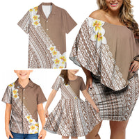 Tahiti Plumeria Tribal Pattern Family Matching Off Shoulder Short Dress and Hawaiian Shirt Wave Style Brown LT05 - Polynesian Pride