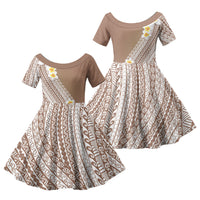 Tahiti Plumeria Tribal Pattern Family Matching Tank Maxi Dress and Hawaiian Shirt Wave Style Brown LT05 Daughter's Dress Brown - Polynesian Pride