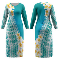 Tahiti Plumeria Tribal Pattern Couples Matching Long Sleeve Bodycon Dress and Hawaiian Shirt Wave Style Turquoise LT05 - Polynesian Pride
