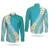 Tahiti Plumeria Tribal Pattern Couples Matching Off The Shoulder Long Sleeve Dress and Long Sleeve Button Shirt Wave Style Turquoise LT05 - Polynesian Pride