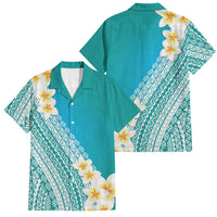 Tahiti Plumeria Tribal Pattern Family Matching Long Sleeve Bodycon Dress and Hawaiian Shirt Wave Style Turquoise LT05 Dad's Shirt - Short Sleeve Turquoise - Polynesian Pride