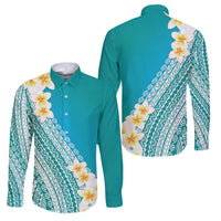 Tahiti Plumeria Tribal Pattern Family Matching Long Sleeve Bodycon Dress and Hawaiian Shirt Wave Style Turquoise LT05 Dad's Shirt - Long Sleeve Turquoise - Polynesian Pride