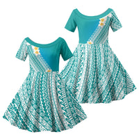 Tahiti Plumeria Tribal Pattern Family Matching Long Sleeve Bodycon Dress and Hawaiian Shirt Wave Style Turquoise LT05 Daughter's Dress Turquoise - Polynesian Pride
