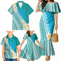 Tahiti Plumeria Tribal Pattern Family Matching Mermaid Dress and Hawaiian Shirt Wave Style Turquoise LT05 - Polynesian Pride