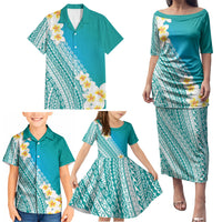 Tahiti Plumeria Tribal Pattern Family Matching Puletasi and Hawaiian Shirt Wave Style Turquoise LT05 - Polynesian Pride