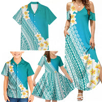 Tahiti Plumeria Tribal Pattern Family Matching Summer Maxi Dress and Hawaiian Shirt Wave Style Turquoise LT05 - Polynesian Pride