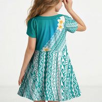 Tahiti Plumeria Tribal Pattern Kid Short Sleeve Dress Wave Style Turquoise LT05 - Polynesian Pride