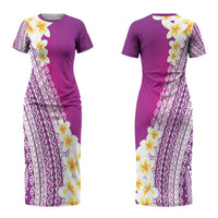 Tahiti Plumeria Tribal Pattern Couples Matching Short Sleeve Bodycon Dress and Long Sleeve Button Shirt Wave Style Purple LT05 - Polynesian Pride
