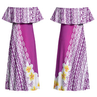 Tahiti Plumeria Tribal Pattern Family Matching Off Shoulder Maxi Dress and Hawaiian Shirt Wave Style Purple LT05 Mom's Dress Purple - Polynesian Pride