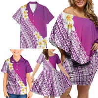 Tahiti Plumeria Tribal Pattern Family Matching Off Shoulder Short Dress and Hawaiian Shirt Wave Style Purple LT05 - Polynesian Pride
