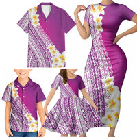Tahiti Plumeria Tribal Pattern Family Matching Short Sleeve Bodycon Dress and Hawaiian Shirt Wave Style Purple LT05 - Polynesian Pride