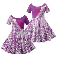 Tahiti Plumeria Tribal Pattern Family Matching Summer Maxi Dress and Hawaiian Shirt Wave Style Purple LT05 Daughter's Dress Purple - Polynesian Pride