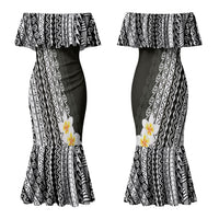 Tahiti Plumeria Tribal Pattern Couples Matching Mermaid Dress and Long Sleeve Button Shirt Wave Style Black LT05 - Polynesian Pride