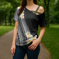 Tahiti Plumeria Tribal Pattern Cross Shoulder Shirt Wave Style Black LT05 - Polynesian Pride