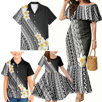 Tahiti Plumeria Tribal Pattern Family Matching Mermaid Dress and Hawaiian Shirt Wave Style Black LT05 - Polynesian Pride