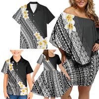 Tahiti Plumeria Tribal Pattern Family Matching Off Shoulder Short Dress and Hawaiian Shirt Wave Style Black LT05 - Polynesian Pride