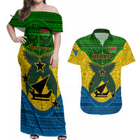 Vanuatu Malampa Province Couples Matching Off Shoulder Maxi Dress and Hawaiian Shirt Coat Of Arms And Namele Fern Polynesian Pattern LT05 Yellow - Polynesian Pride
