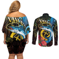 Vanuatu Fishing Couples Matching Off Shoulder Short Dress and Long Sleeve Button Shirt It's Time To Fish LT05 - Polynesian Pride