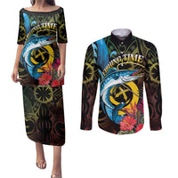 Vanuatu Fishing Couples Matching Puletasi and Long Sleeve Button Shirt It's Time To Fish LT05 Black - Polynesian Pride