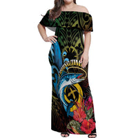 Vanuatu Fishing Off Shoulder Maxi Dress It's Time To Fish LT05 Women Black - Polynesian Pride