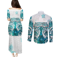 New Zealand Aotearoa Kia Ora Couples Matching Puletasi and Long Sleeve Button Shirt Paua Shell Maori Silver Fern LT05 - Polynesian Pride