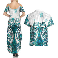 New Zealand Aotearoa Kia Ora Couples Matching Summer Maxi Dress and Hawaiian Shirt Paua Shell Maori Silver Fern LT05 - Polynesian Pride
