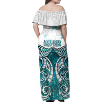 New Zealand Aotearoa Kia Ora Family Matching Off Shoulder Maxi Dress and Hawaiian Shirt Paua Shell Maori Silver Fern LT05 - Polynesian Pride