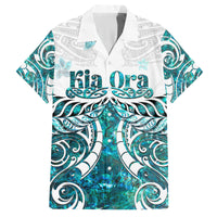 New Zealand Aotearoa Kia Ora Family Matching Off Shoulder Short Dress and Hawaiian Shirt Paua Shell Maori Silver Fern LT05 Dad's Shirt - Short Sleeve Turquoise - Polynesian Pride