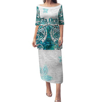 New Zealand Aotearoa Kia Ora Puletasi Paua Shell Maori Silver Fern LT05 Long Dress Turquoise - Polynesian Pride