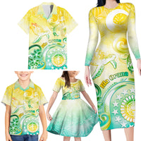 Personalised Cook Islands Kia Orana Family Matching Long Sleeve Bodycon Dress and Hawaiian Shirt Polynesian Turtle With Circle Stars LT05 - Polynesian Pride