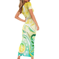 Personalised Cook Islands Kia Orana Short Sleeve Bodycon Dress Polynesian Turtle With Circle Stars LT05 - Polynesian Pride