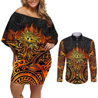New Zealand Tamanuitera The Sun Couples Matching Off Shoulder Short Dress and Long Sleeve Button Shirt Maori Pattern LT05 Orange - Polynesian Pride