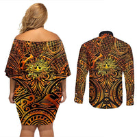 New Zealand Tamanuitera The Sun Couples Matching Off Shoulder Short Dress and Long Sleeve Button Shirt Maori Pattern LT05 - Polynesian Pride