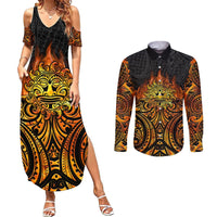 New Zealand Tamanuitera The Sun Couples Matching Summer Maxi Dress and Long Sleeve Button Shirt Maori Pattern LT05 Orange - Polynesian Pride