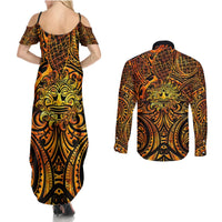New Zealand Tamanuitera The Sun Couples Matching Summer Maxi Dress and Long Sleeve Button Shirt Maori Pattern LT05 - Polynesian Pride