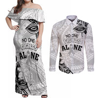 Personalised Polynesia Brain Cancer Couples Matching Off Shoulder Maxi Dress and Long Sleeve Button Shirt No One Fights Alone LT05 White - Polynesian Pride