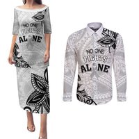 Personalised Polynesia Brain Cancer Couples Matching Puletasi and Long Sleeve Button Shirt No One Fights Alone LT05 White - Polynesian Pride