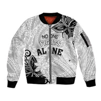 Personalised Polynesia Brain Cancer Sleeve Zip Bomber Jacket No One Fights Alone LT05 Unisex White - Polynesian Pride