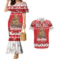 Personalised New Zealand Christmas In July Couples Matching Mermaid Dress and Hawaiian Shirt Maori Kiwi Xmas Tree - Red