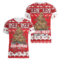 Personalised New Zealand Christmas In July Women V-Neck T-Shirt Maori Kiwi Xmas Tree - Red