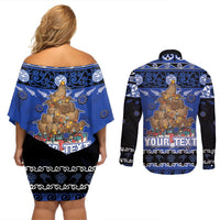 Personalised New Zealand July Christmas Couples Matching Off Shoulder Short Dress and Long Sleeve Button Shirt Maori Kiwi Xmas Tree - Blue