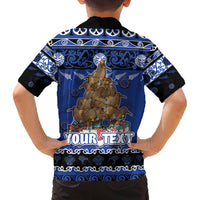 Personalised New Zealand July Christmas Family Matching Off The Shoulder Long Sleeve Dress and Hawaiian Shirt Maori Kiwi Xmas Tree - Blue