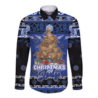 Personalised New Zealand July Christmas Long Sleeve Button Shirt Maori Kiwi Xmas Tree - Blue