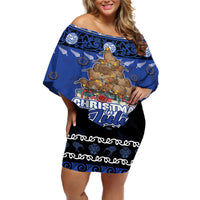 Personalised New Zealand July Christmas Off Shoulder Short Dress Maori Kiwi Xmas Tree - Blue LT05 Women Blue - Polynesian Pride