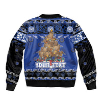 Personalised New Zealand July Christmas Sleeve Zip Bomber Jacket Maori Kiwi Xmas Tree - Blue LT05 - Polynesian Pride