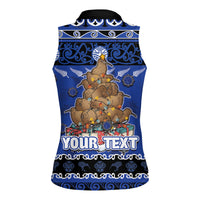 Personalised New Zealand July Christmas Women Sleeveless Polo Shirt Maori Kiwi Xmas Tree - Blue