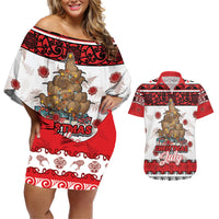 Personalised New Zealand July Christmas Couples Matching Off Shoulder Short Dress and Hawaiian Shirt Maori Kiwi Xmas Tree - White