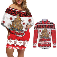 Personalised New Zealand July Christmas Couples Matching Off Shoulder Short Dress and Long Sleeve Button Shirt Maori Kiwi Xmas Tree - White LT05 White - Polynesian Pride